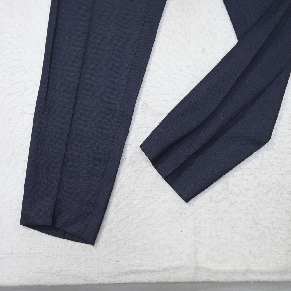 Hugo Boss Dress Pants Mens 36 x 32 Navy Plaid 100% Virgin Wool Flat Front - Picture 3 of 9